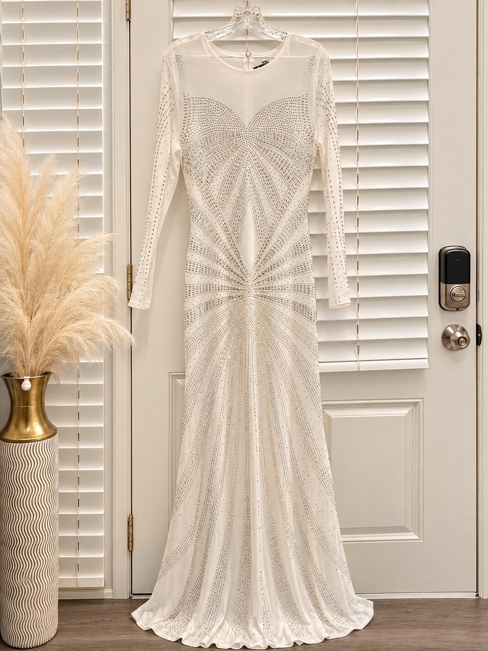 Fashion Nova Ivory Embellished Long-Sleeve Maxi Dress